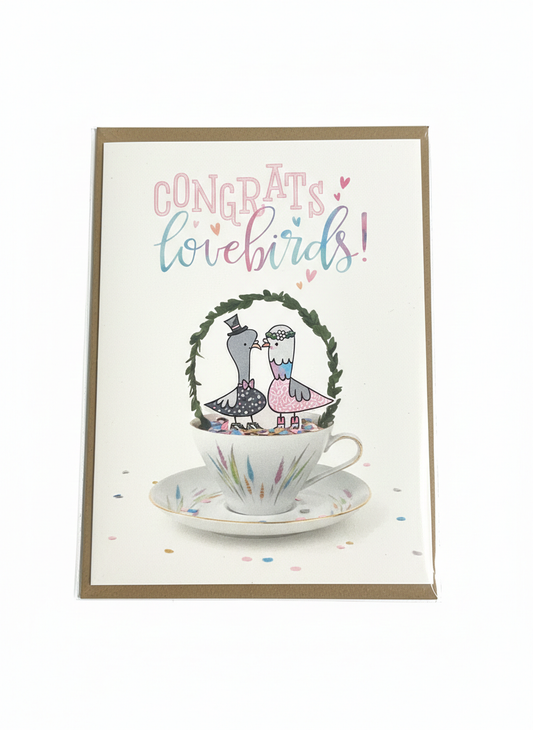 engagement greeting card with lovebirds illustration romantic design couple themed blank inside
