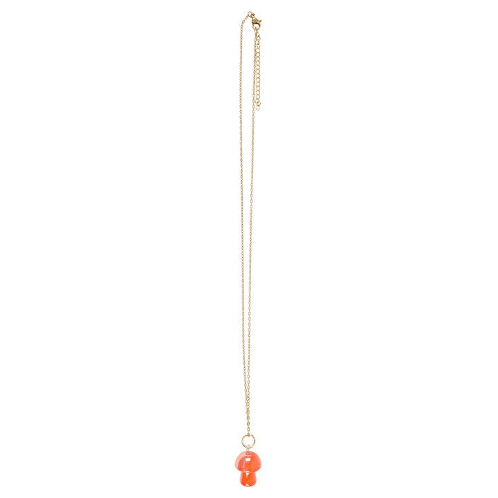 full view of orange mushroom aura necklace showing chain and pendant