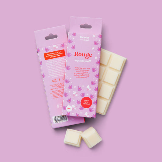 wax bar rouge with amber, jasmine, saffron, cedarwood, fir balsam, ambergris, oakmoss, and musk