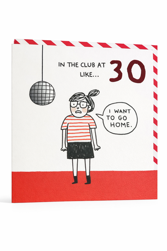 30th birthday greeting card featuring disco ball design with humorous cosy night in theme