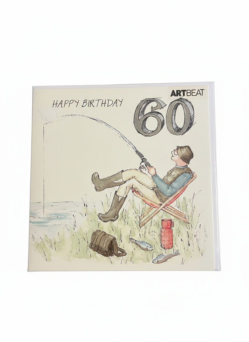60th birthday greeting card with fishing scene man by river relaxed illustration design