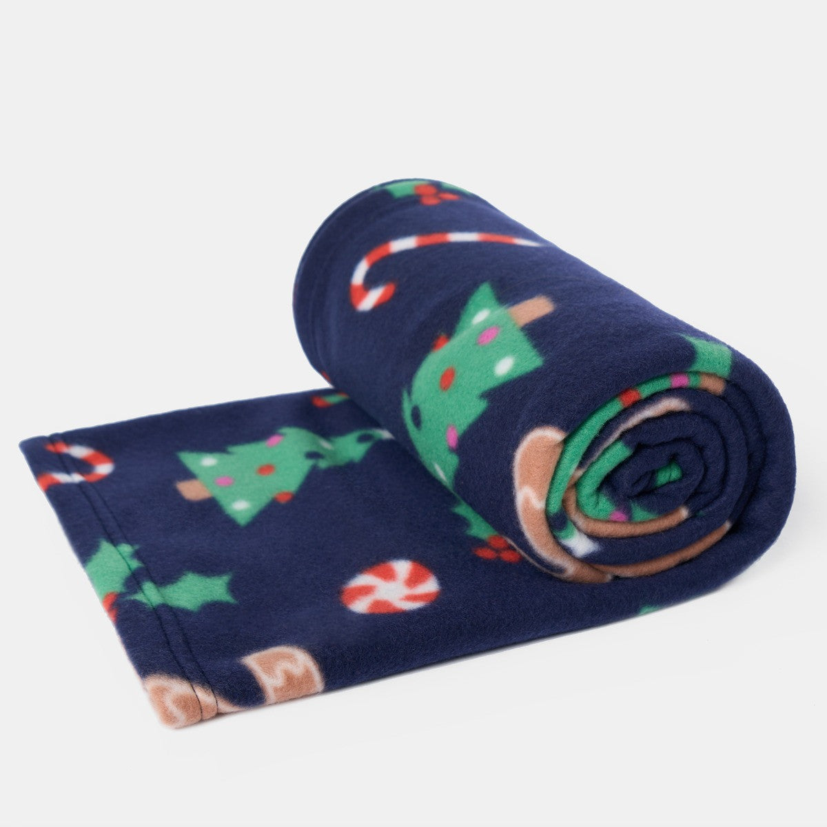 rolled gingerbread fleece blanket showing thickness warmth and festive novelty design
