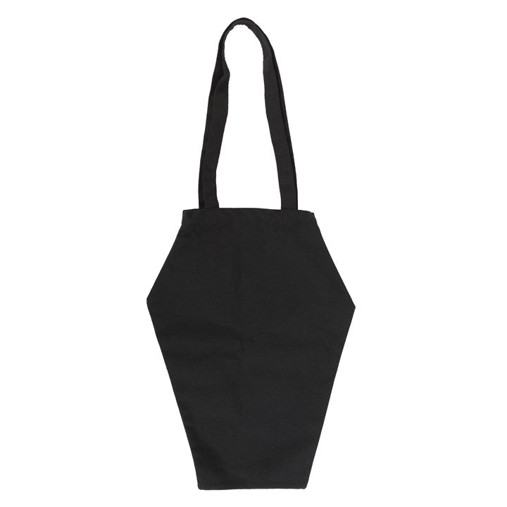 rear view of coffin shaped bag showing structured gothic design