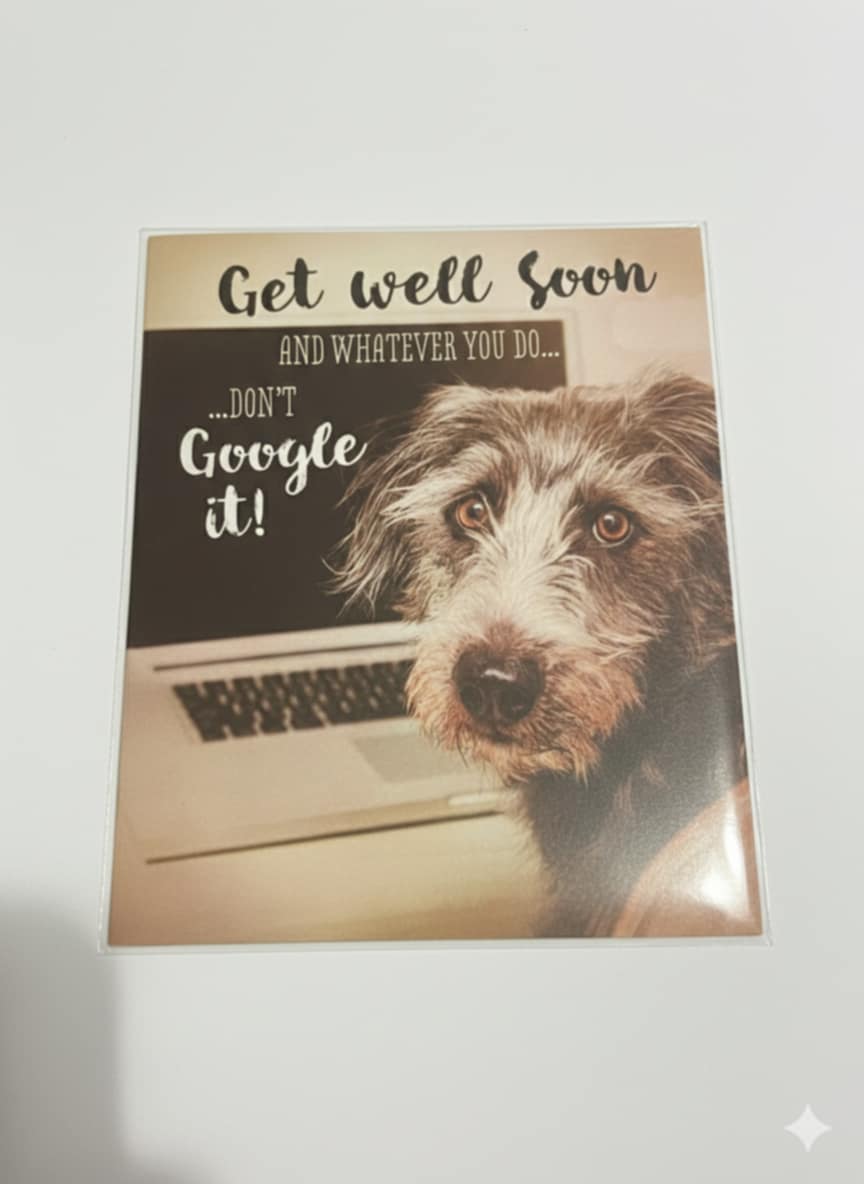 get well soon greeting card dog at laptop humorous illustration playful recovery message card