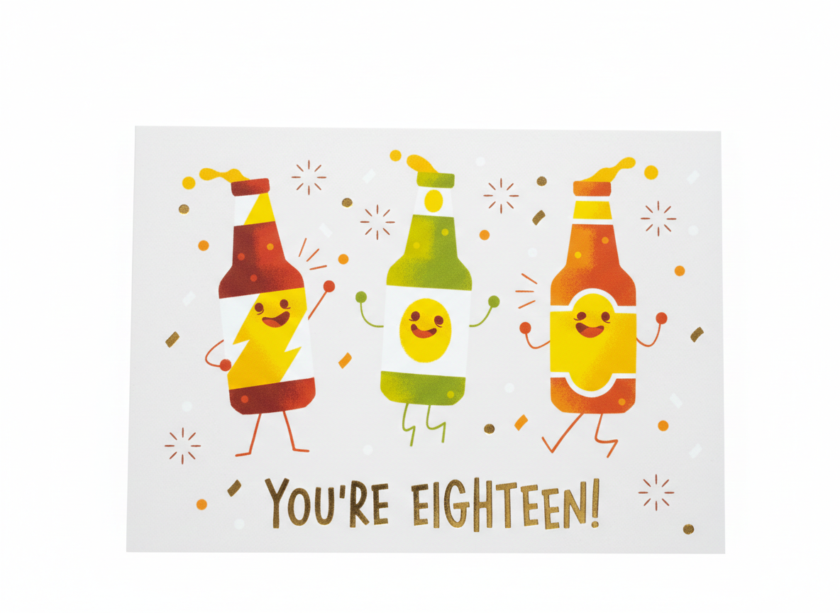 18th birthday greeting card beer bottle illustration humorous milestone design blank inside