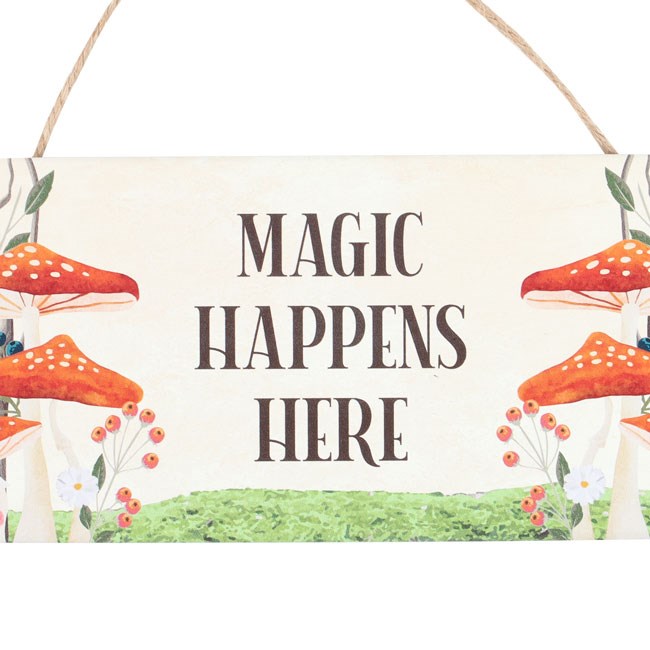 mushroom themed hanging sign front view highlighting uplifting decorative message