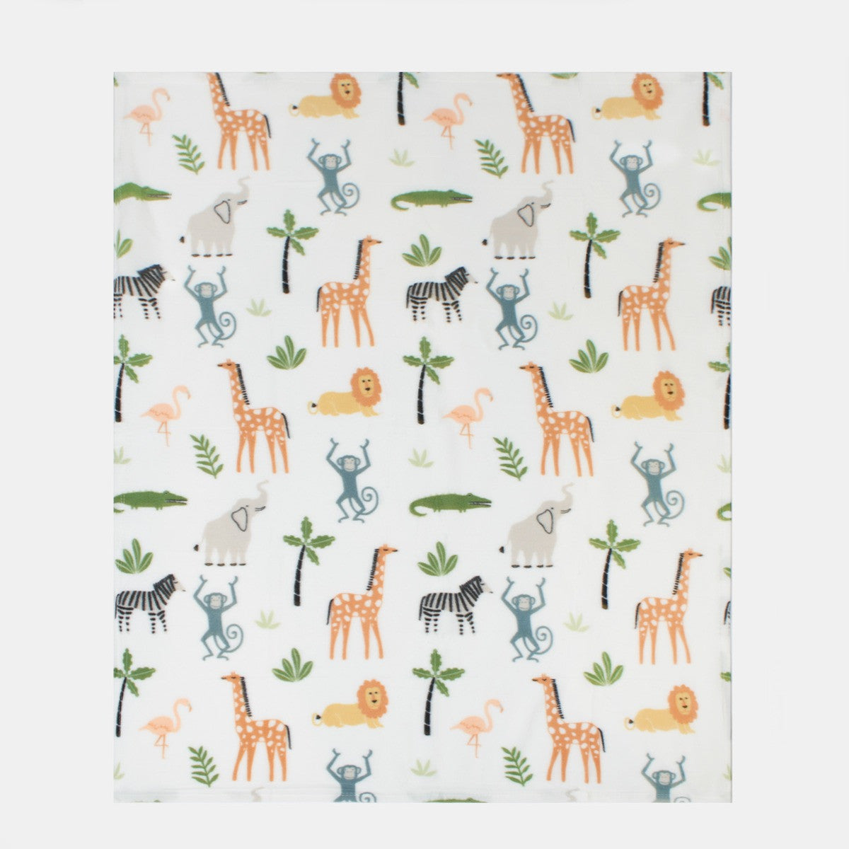 full safari fleece throw showing the complete pattern with lions, giraffes, zebras, and flamingos