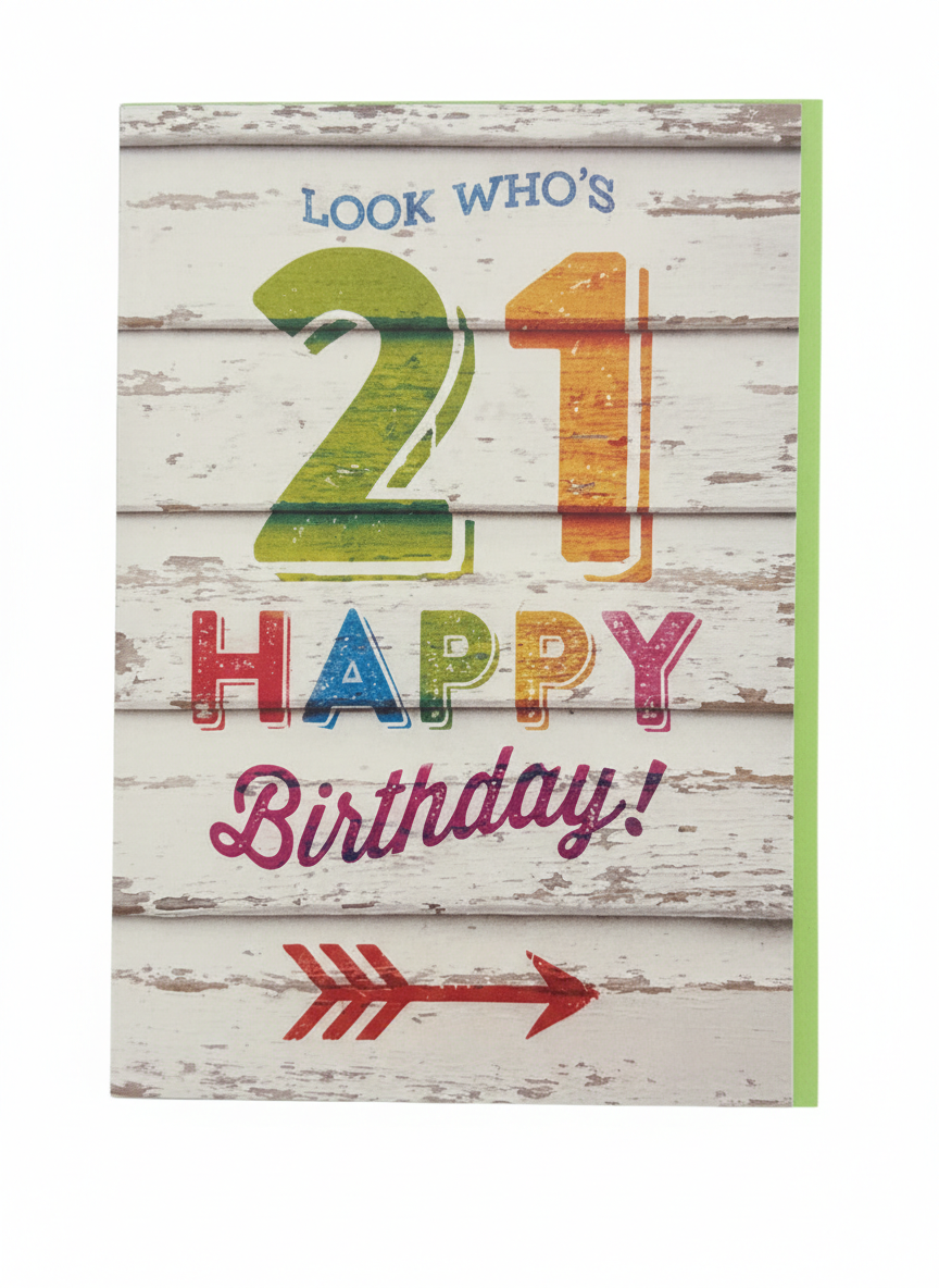 21st birthday greeting card featuring modern arrow design with clean milestone styling