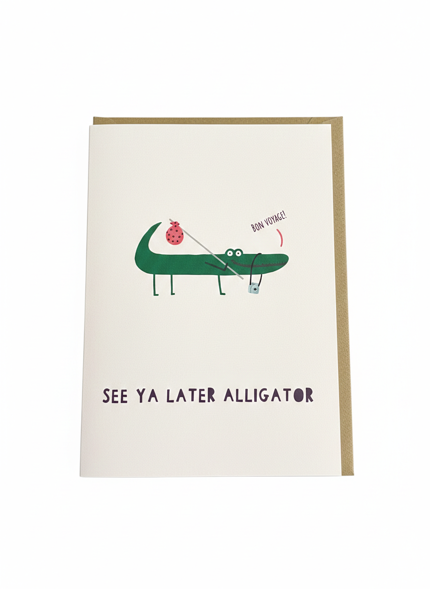 leaving greeting card see ya later alligator message playful goodbye design blank inside