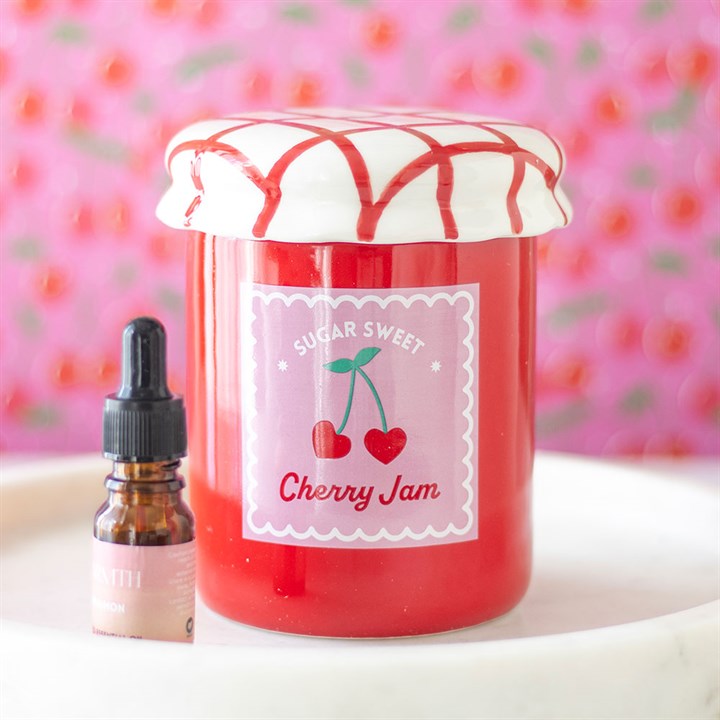 cherry jam jar ceramic oil burner styled in home setting with cottage inspired charm