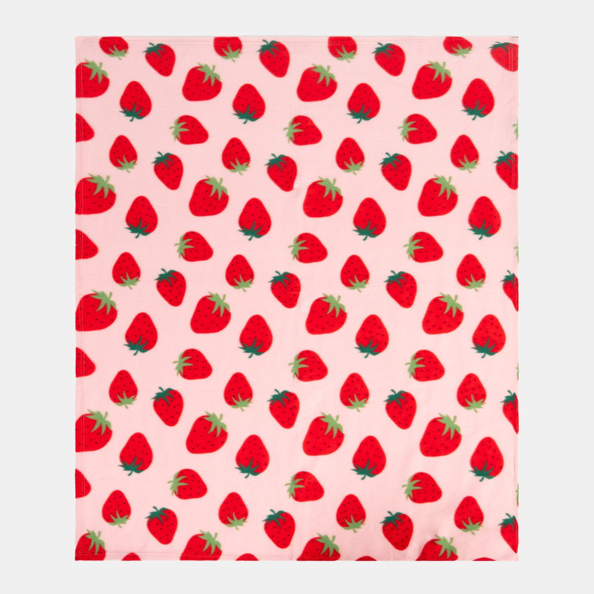 strawberry fleece throw laid out to show repeating strawberry pattern across fabric