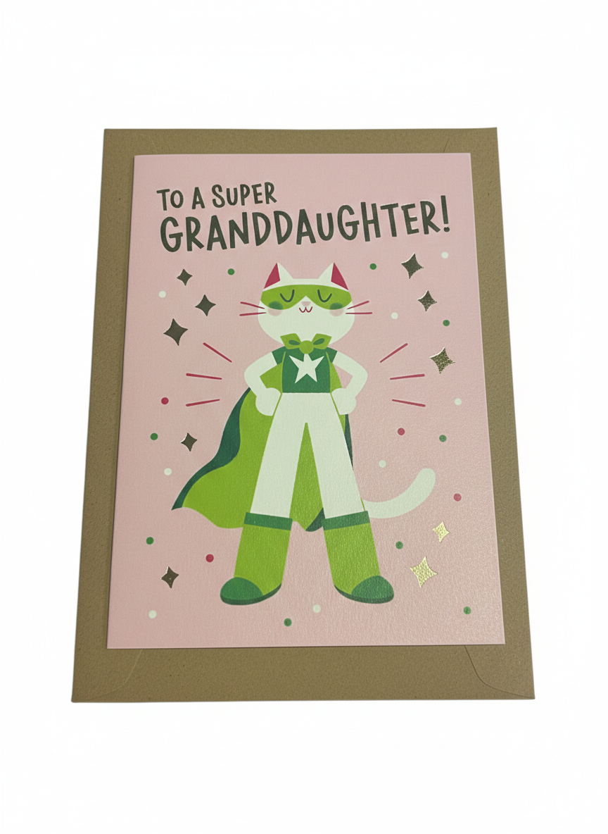granddaughter birthday greeting card superhero cat illustration playful childrens design blank inside