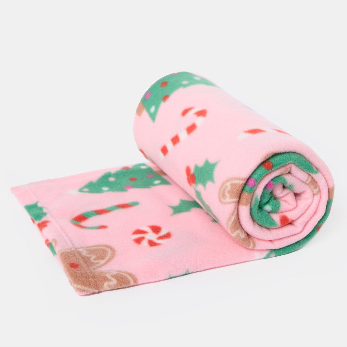 rolled pink gingerbread fleece throw, showing a soft, festive design with gingerbread man pattern