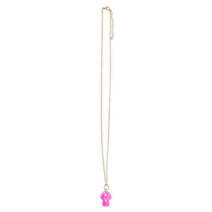 full view of pink mushroom aura necklace showing chain and mushroom pendant
