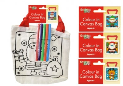 christmas colour your own canvas bag, includes 6 mini felt tip pens, available in santa or reindeer designs, perfect for festive craft projects