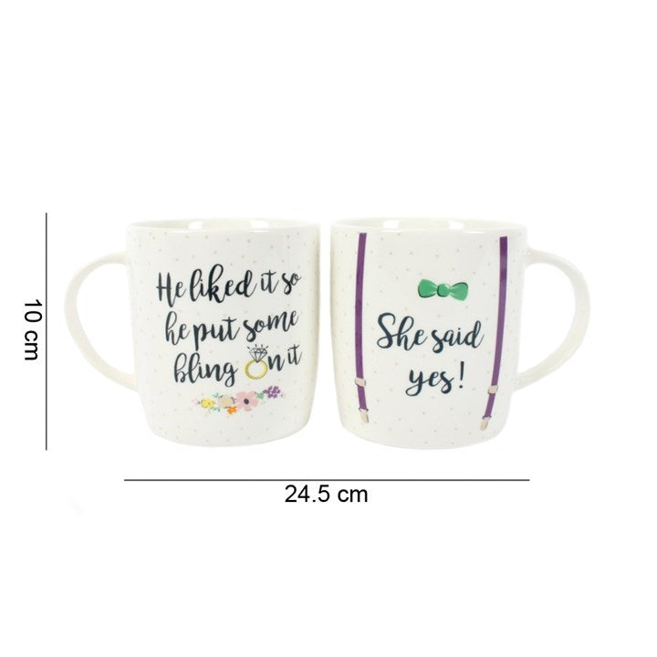 back view of engagement mug set showing clean white bone china finish