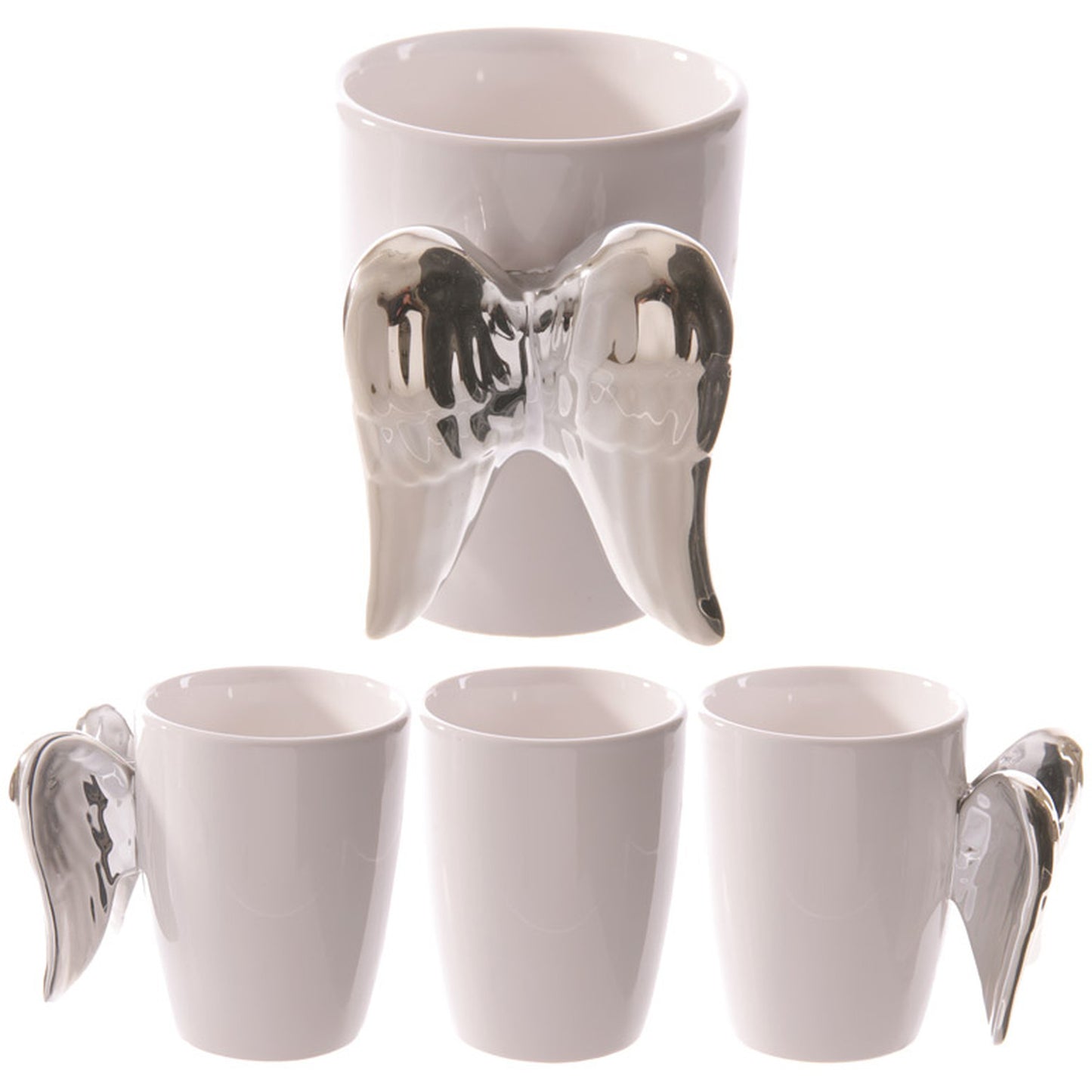 ceramic mug with angel wings shaped handle, front, back, and side views