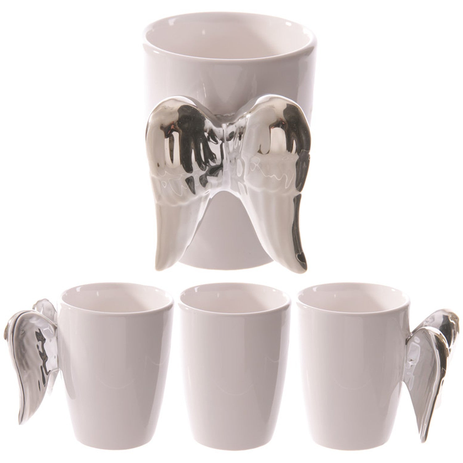 ceramic mug with angel wings shaped handle, front, back, and side views