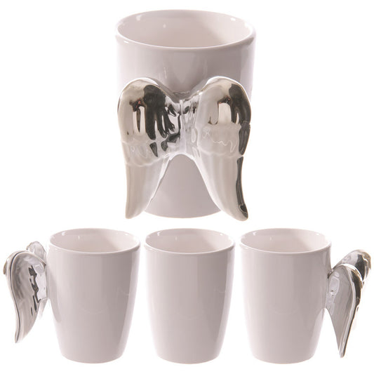 ceramic mug with angel wings shaped handle, front, back, and side views