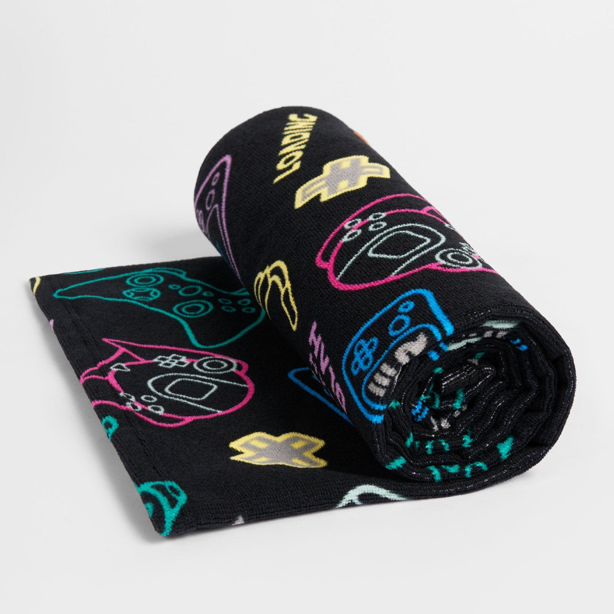 Rolled black console gamer microfibre beach towel, easy-carry kids gaming towel
