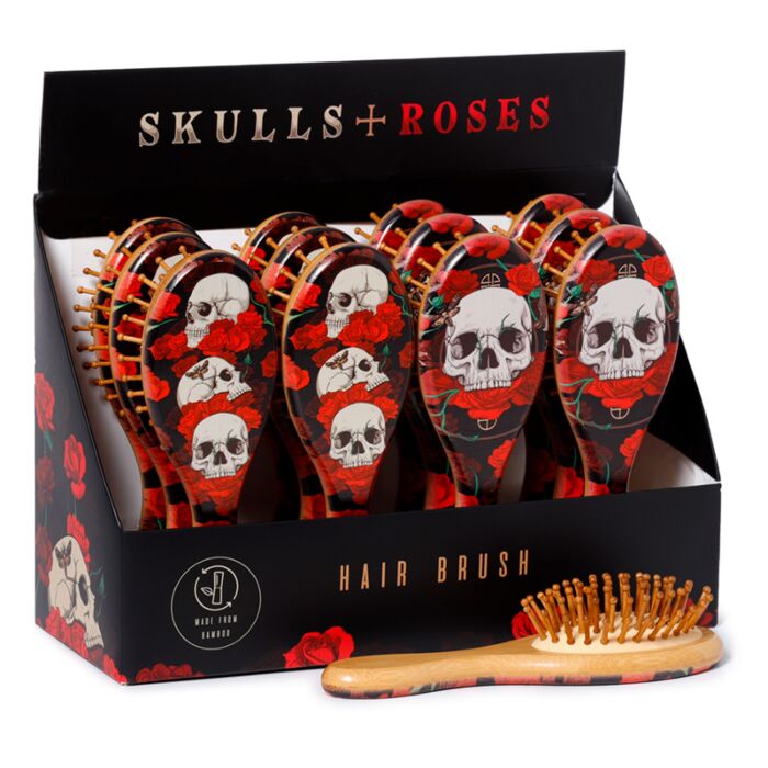 skulls & roses bamboo hair brush with a gothic rose design, showing full display with brush bristles facing up, perfect for gothic beauty routines