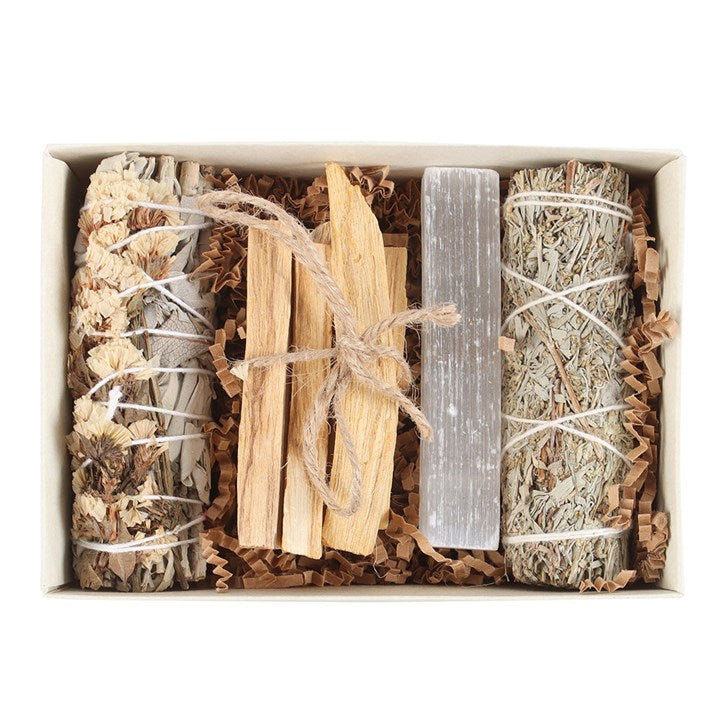 spiritual cleansing kit open box view with palo santo sage and selenite