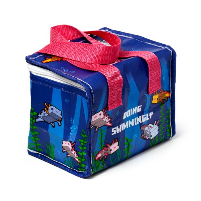 minecraft axolotl insulated cool bag lunch bag close up showing material texture and stitching