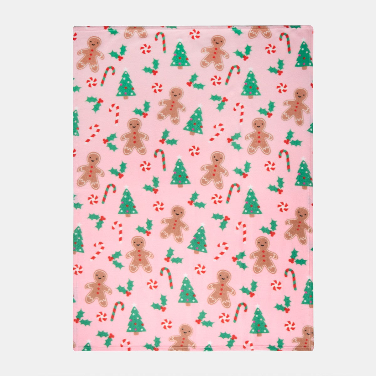 full pattern of pink gingerbread fleece throw, showcasing playful gingerbread men design