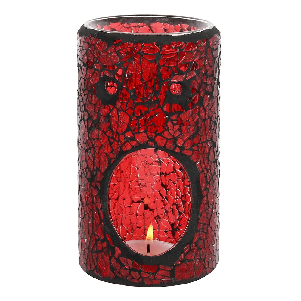 red pillar shaped glass oil burner with crackle effect finish
