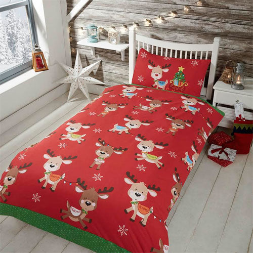 christmas rudolph and friends children's single duvet set with cute festive reindeer design