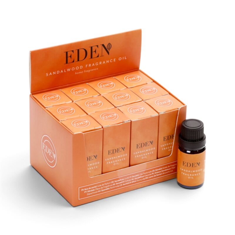 eden sandalwood fragrance oil display with boxed bottles and one unboxed bottle
