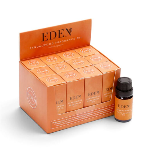 eden sandalwood fragrance oil display with boxed bottles and one unboxed bottle