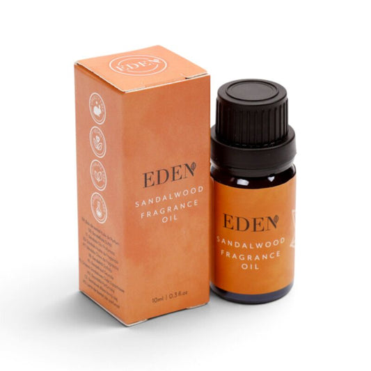 boxed eden sandalwood fragrance oil beside unboxed 10ml bottle