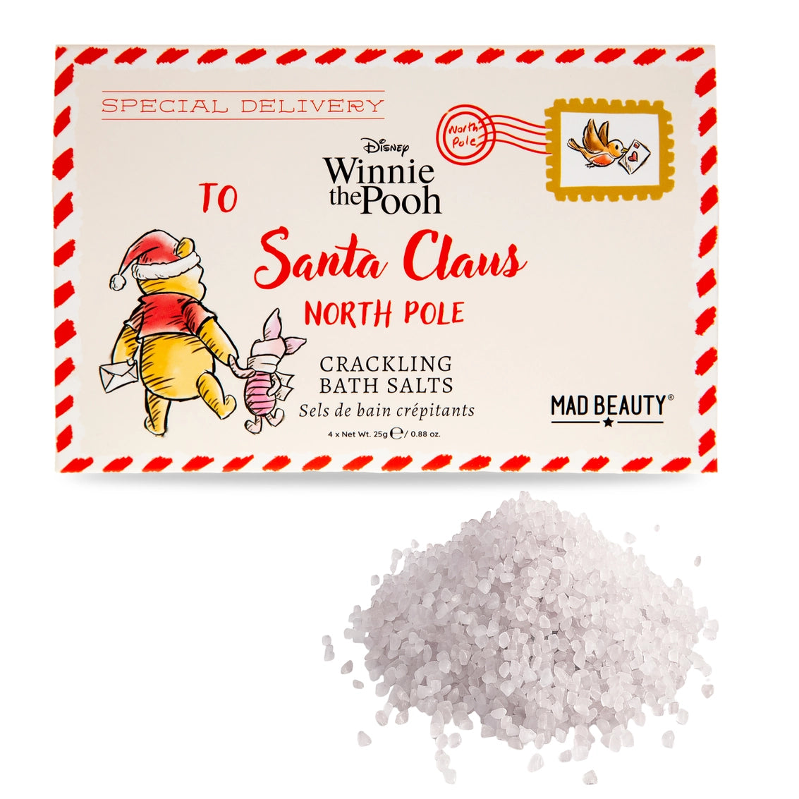 boxed disney winnie the pooh festive bath salts with white bath crystals displayed below