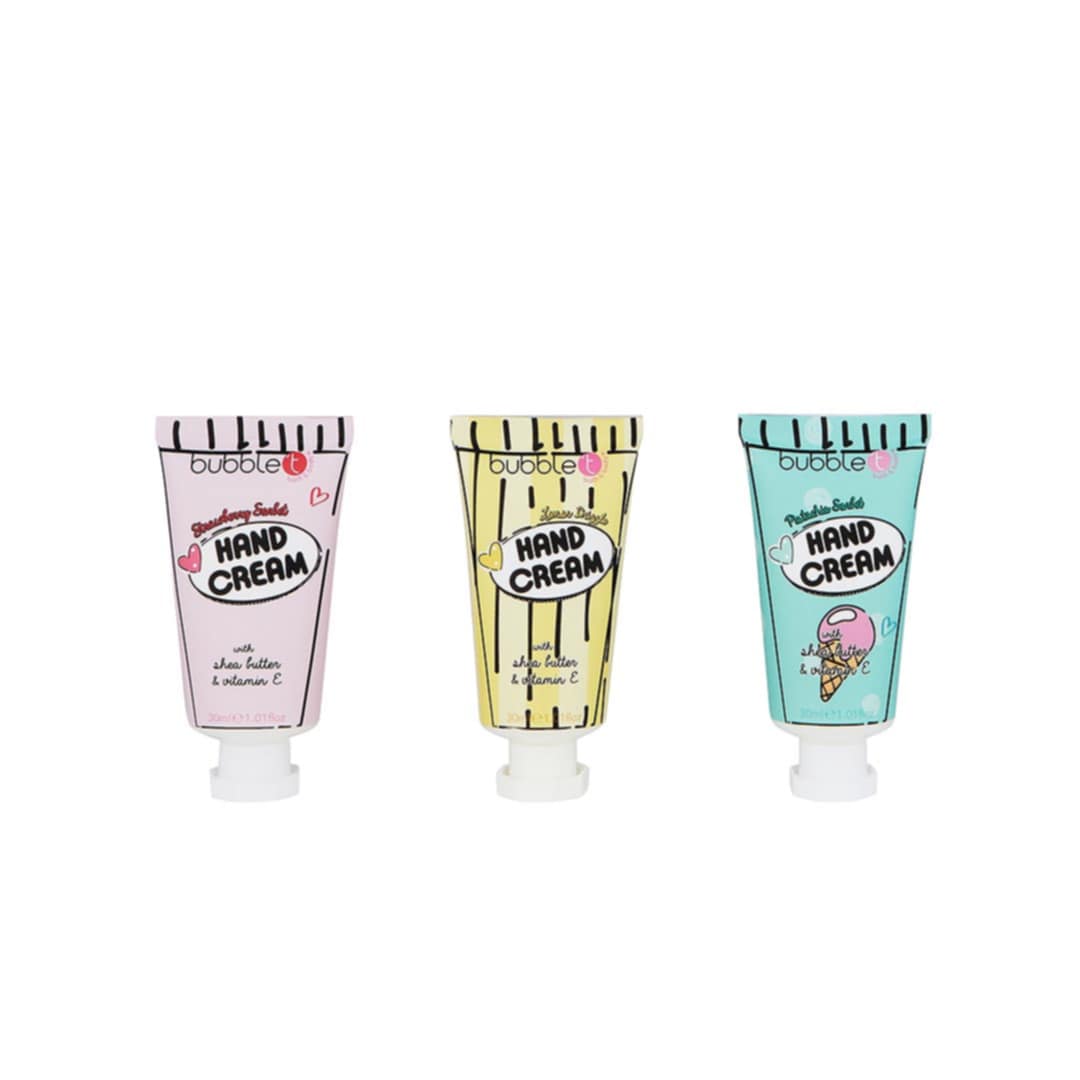 bubble t handcream trio unboxed showing three individual hand cream tubes for everyday skincare use
