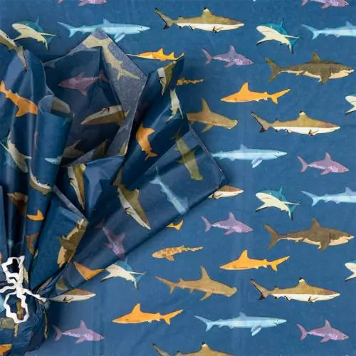 blue shark tissue paper sheets with playful shark pattern for gift wrapping and crafts