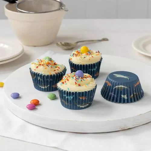 shark cupcake cases set of 50 featuring a bold shark design for kids’ baking and parties