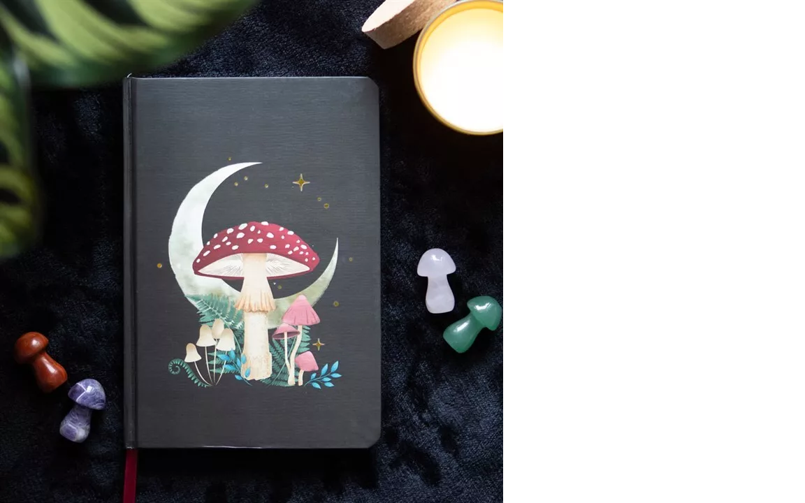mushroom hardback a5 notebook with illustrated cover gold edged pages and ribbon marker
