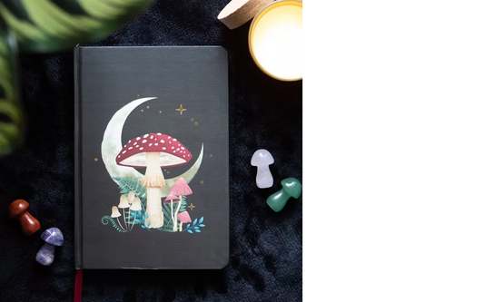 mushroom hardback a5 notebook with illustrated cover gold edged pages and ribbon marker
