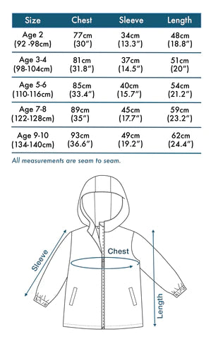 uk childrens size guide chart for holly and beau unicorn raincoat measurements