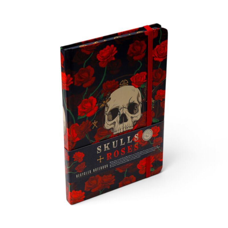 skulls and roses recycled a5 notebook with gothic artwork and elastic closure