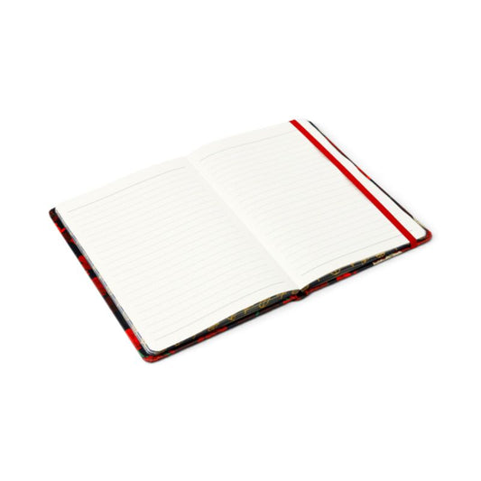 open skulls and roses notebook showing lined 80gsm recycled lined paper pages