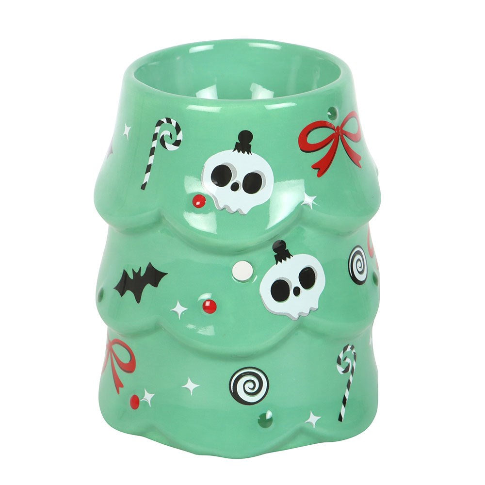 front view of ceramic creepy christmas tree oil burner with skulls and candy canes