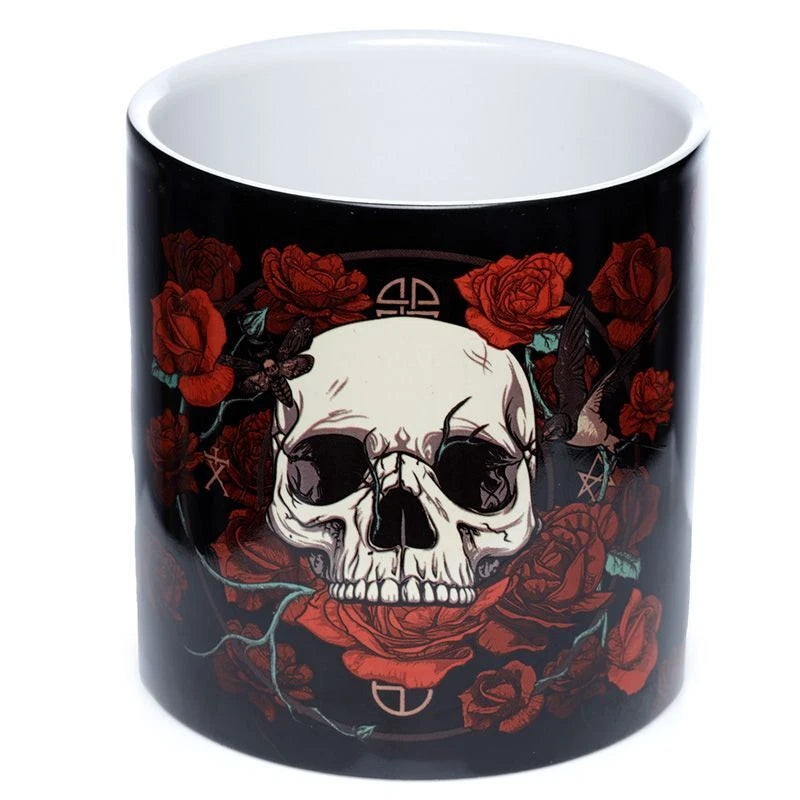 skulls and roses mini ceramic planter with gothic skull design in red white and black
