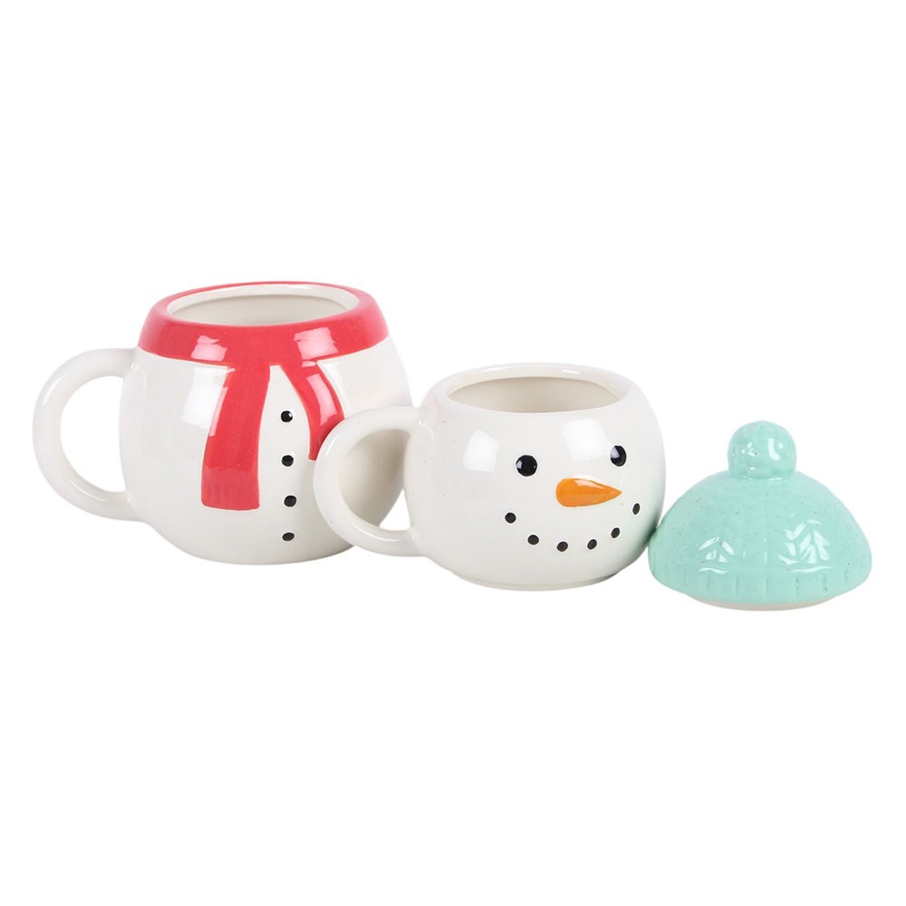 snowman stacking mugs with separate mug sections and decorative hat lid