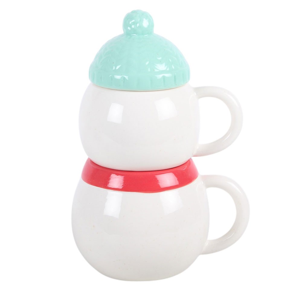 reverse view of christmas snowman stacking mugs showing both mug designs