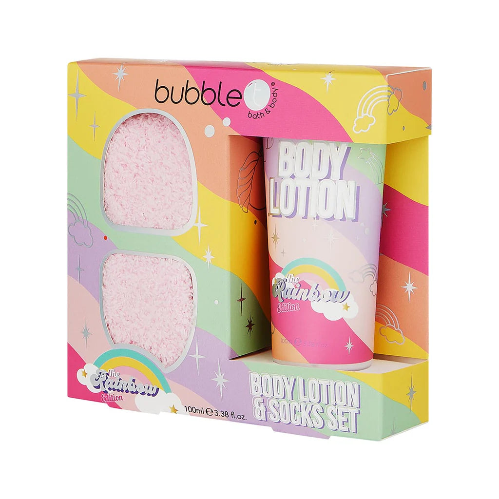 bubble t rainbow sock & body lotion gift set, 100ml rainbow body lotion and pink fluffy socks, moisturises and softens skin, perfect for gifting and self-care