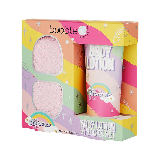 bubble t rainbow sock & body lotion gift set, 100ml rainbow body lotion and pink fluffy socks, moisturises and softens skin, perfect for gifting and self-care