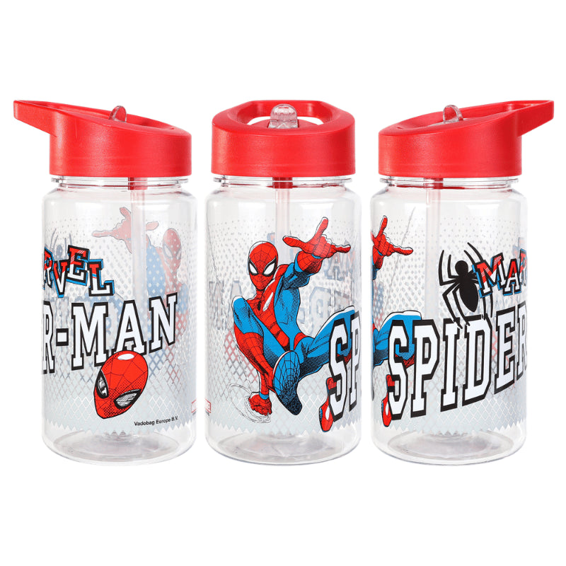 marvel spider-man bottle with pop-up straw featuring bold superhero character design