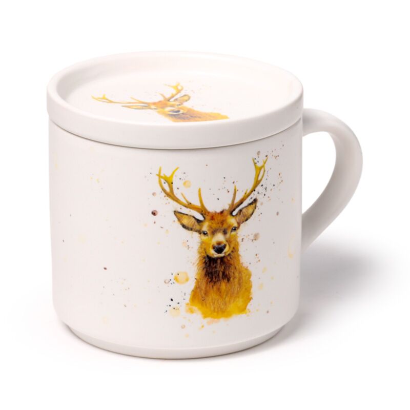 jan pashley stag porcelain mug with matching coaster used as a lid